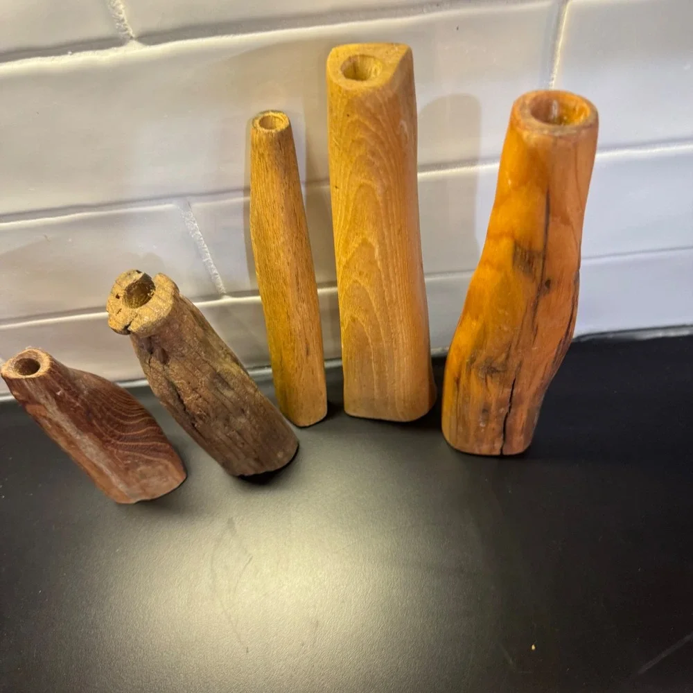 Hand Carved Wood Bud Vase Set Home Decor 5pc Brown Rustic Primitive Artisanal